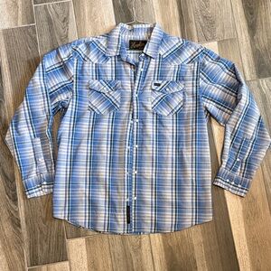 Howler Bros Men's Blue and White Plaid Button Down Pearl Snap - L
